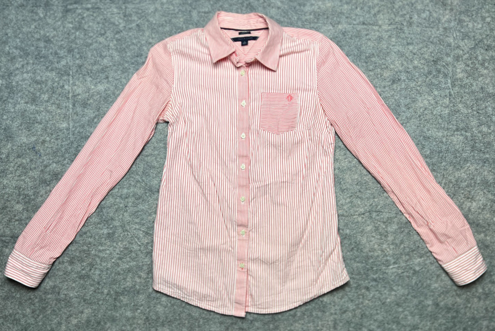 Tommy Hilfiger Pink White Stripes Long Sleeve Button Up Top Woman’s Size XS